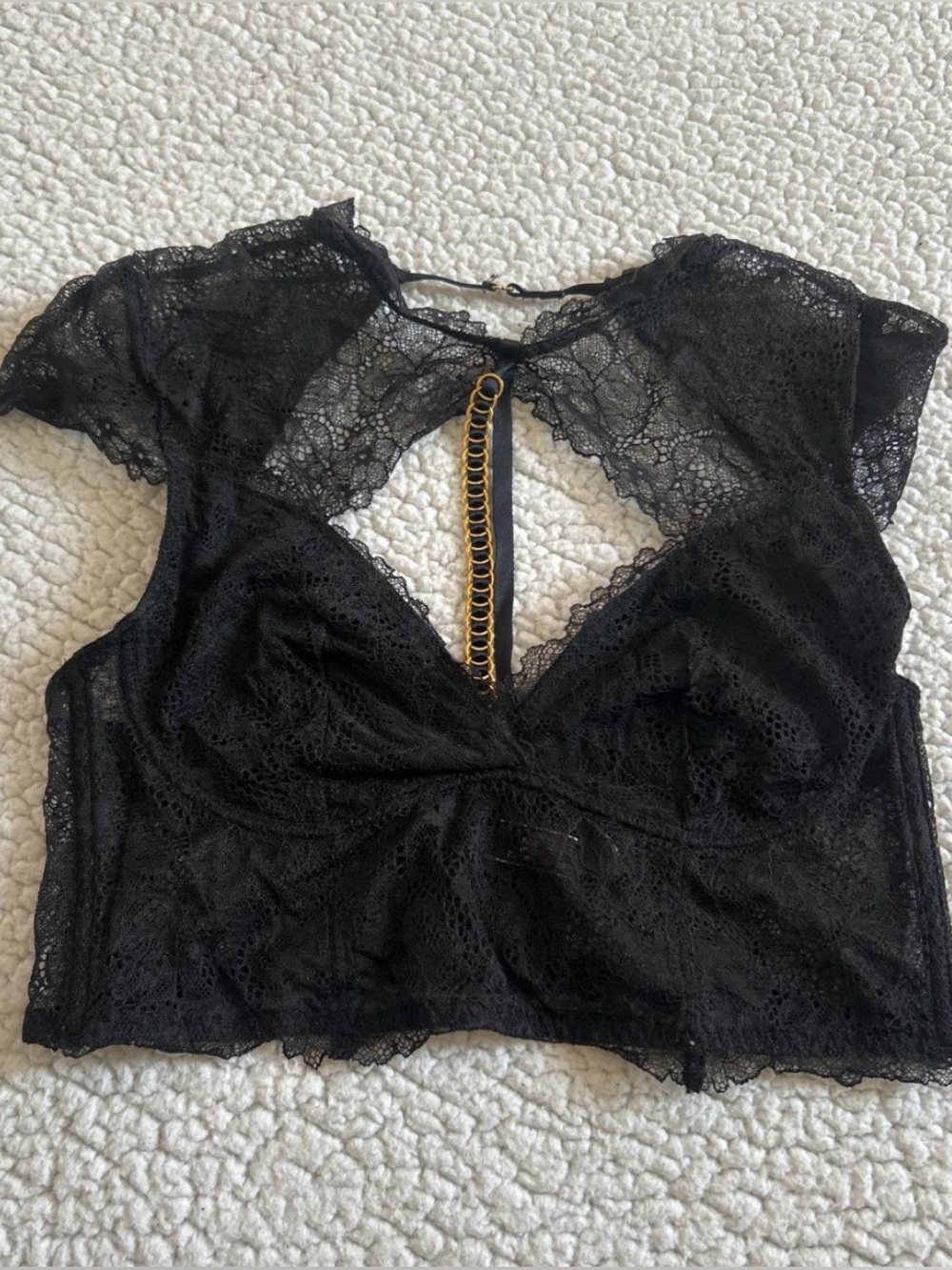 Victorias Secret Black lace lingerie crop top with gold chain detail